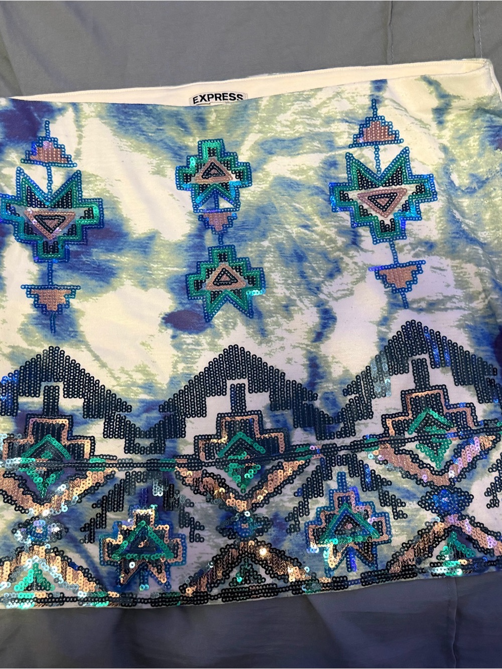 Express Sequin Embellished Blue Green White Mini Skirt